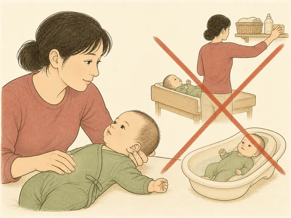 家长转身离开高处宝宝和无人看护浴架的行为被红叉标出