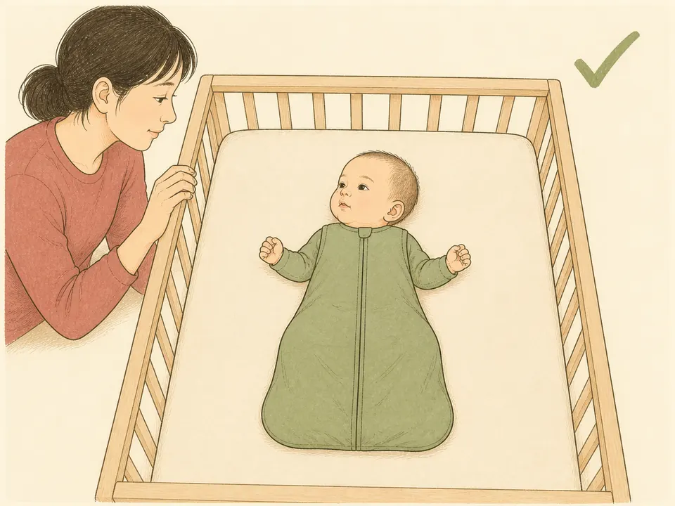 宝宝仰卧在坚实平坦且空无软物的独立婴儿床
