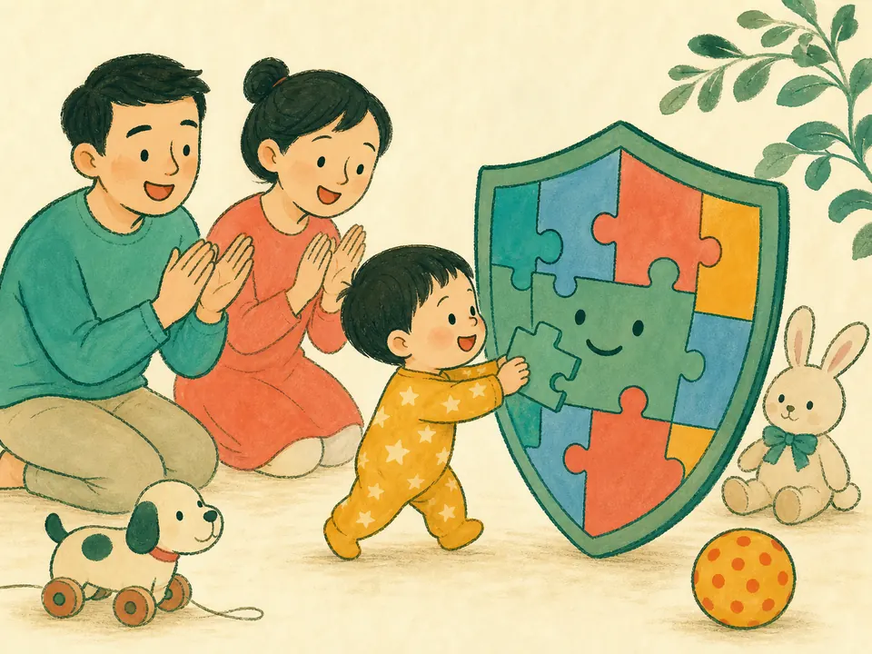 学走路的宝宝把拼图补进保护盾，父母在旁鼓励