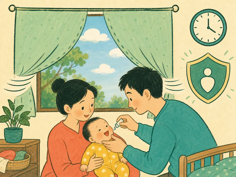 父母给宝宝口服滴剂，旁边的日历窗口正在合拢