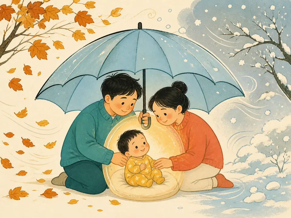 秋冬风雪里，父母用蓝色保护伞护住小宝宝
